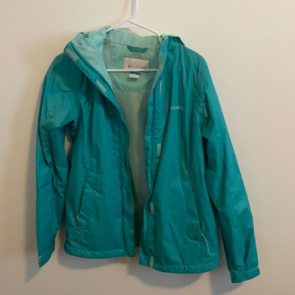 Light blue waterproof Omni-tech Columbia rain jacket. Size x small